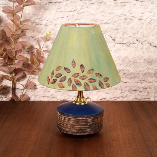 Image of AAKRITI ART CREATIONS Terracotta Table Lamp for Study Room, Bedroom & Living Room Decoration | Floral Floral Garden Bedside Lamp with Cotton Fabric Shade | Aesthetic Night Lamp