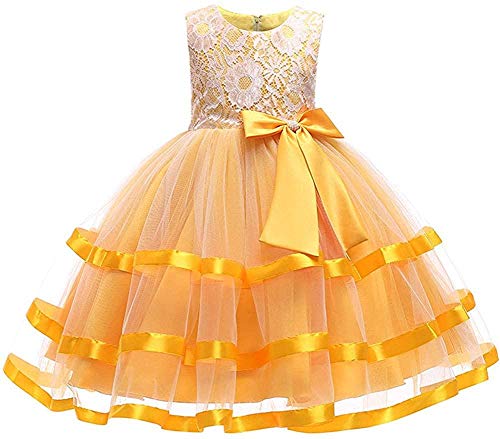 Image of My Lil Princess Girls' Dress Border Emb Yellow 28 7-8 Years
