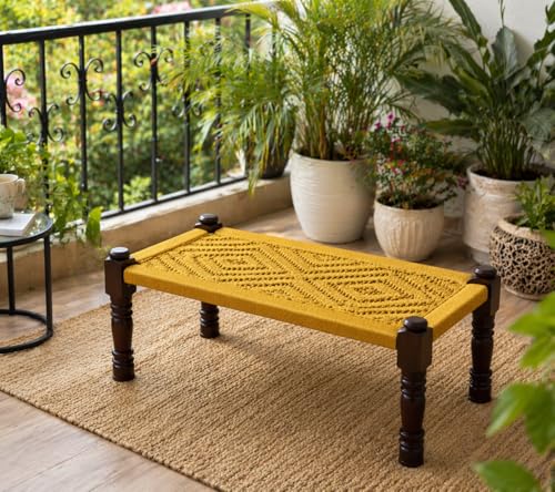 Image of Handwoven Wooden Bench | Traditional Rope Charpai Stool | Solid Wood Frame Seating for Living Room, Balcony & Outdoor | Durable & Stylish Design (Yellow)