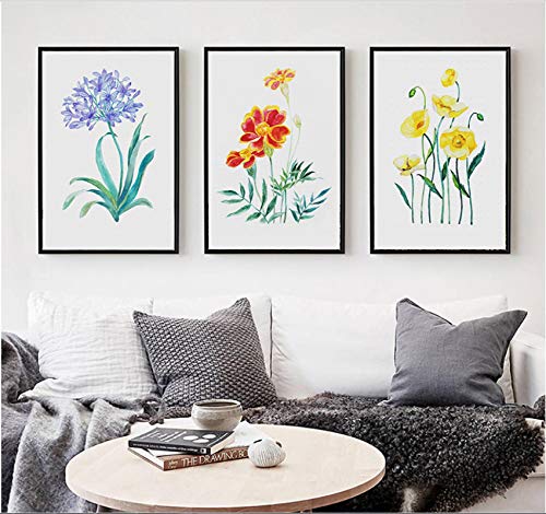 Art mural coloré aquarelle avec fleurs au style minimaliste lot de 3 toiles 50x70cm sans cadre
