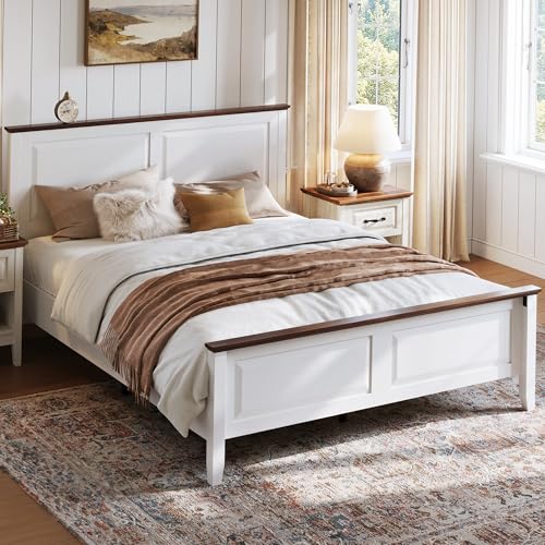 LINSY Farmhouse Bed Frame, Full Bedframe with Headboard and Footboard, Wooden Bed Frame with Solid...