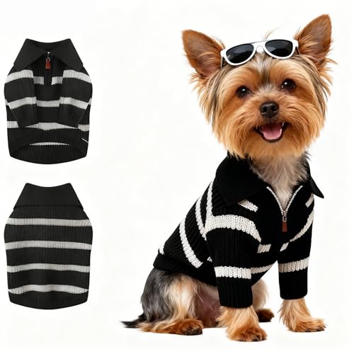 Image of Small Dog Sweater with Zipper, Knitted Striped Pullover Dog Clothes for Cold Weather, Thick Warm Cozy Stretchy Sweater for Chihuahua, Bulldog, Dachshund, Pug(Black & White Strip, S)