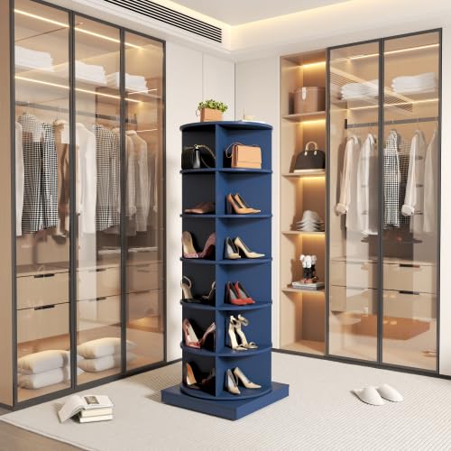 Image of HKLYRHIMO Rotating Storage Rack-American Design White-7-Tier Spinning Storage Rack,Free Standing 360 Revolving Shoe Organizer-for Bedroom,Livingroom,Hallway. (Blue,6-Tier with Base)