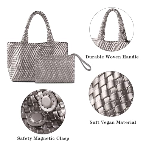Image of Woven Tote Bag for Women Vegan Leather Handwoven Bags with Small Purse