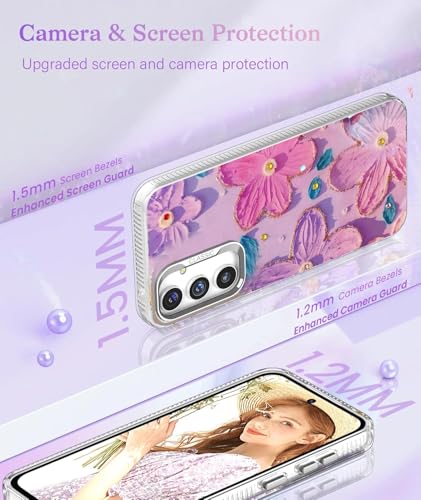 Image of Elzzi Compatible with Samsung S25 Ultra 5G Case Laser Flower Oil Painting Cute Colorful Blue Ray Bumper with Full Camera Protection Shockproof PC+TPU Glossy Shiny Cover for Girls Women,Pink & Purple
