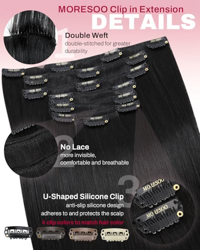 Image of Moresoo Black Clip in Hair Extensions Real Human Hair Clip in Extensions Straight Off Black Real Human Hair Extensions Clip ins 16 inch Long for Women Heat-Stylable 120g /7pcs Soft