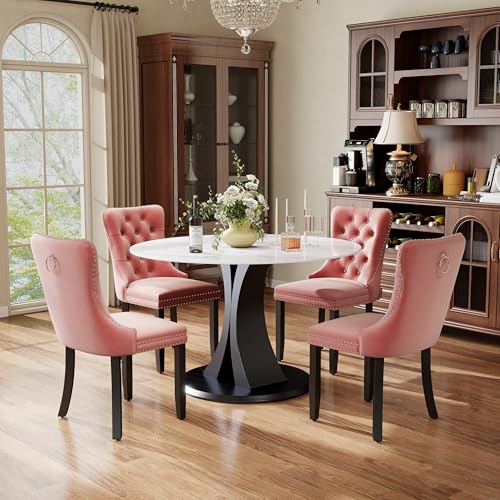 Image of 5-Piece Dining Table Set with 39In Faux Marble Table and 4 Velvet Upholstered Chairs, Modern Scandinavian Furniture for Dining Room Kitchen(Pink)