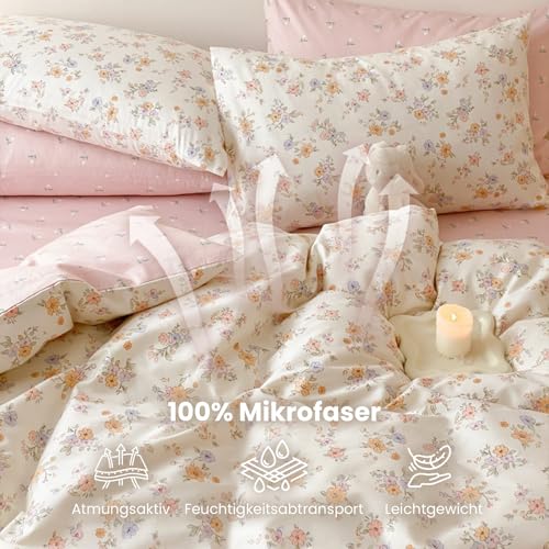Freyamy Blumen Bettwäsche 200x200cm 3teilig Rosa Creme Bettwäsche-Set – Ansicht 4