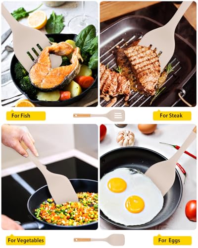 Pack of 2 Large Silicone Spatula, Heat Resistant Solid Turner, Non Stick Slotted Spatulas with Wooden Handle, Ideal Kitchen Utensils for Flipping, Pancakes, Eggs, Fish(Khaki) - Image 6