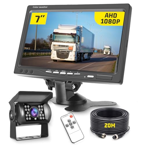 Hikity 12-24V Cámara de Marcha Atrás 7 Pulgadas LCD Monitor, Impermeable Cámara de Visión Trasera, Visión Nocturna Camara Trasera de Coche para Camiones, RV, Furgonetas, Caravanas