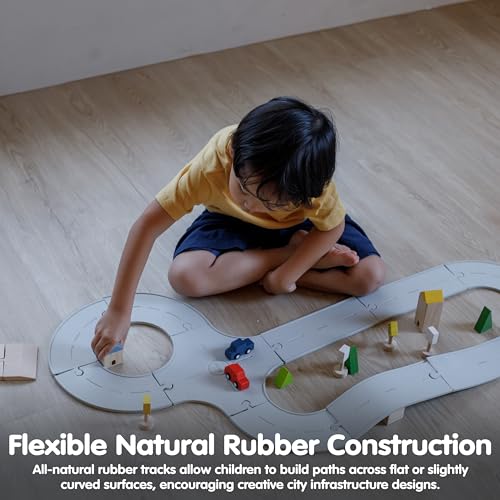 Image of PlanToys Road & Rail Set Montessori Imaginative and Creative Play Set | Early Language, Problem Solving and Coordination Activity | Eco Friendly Road and Rail Building Set