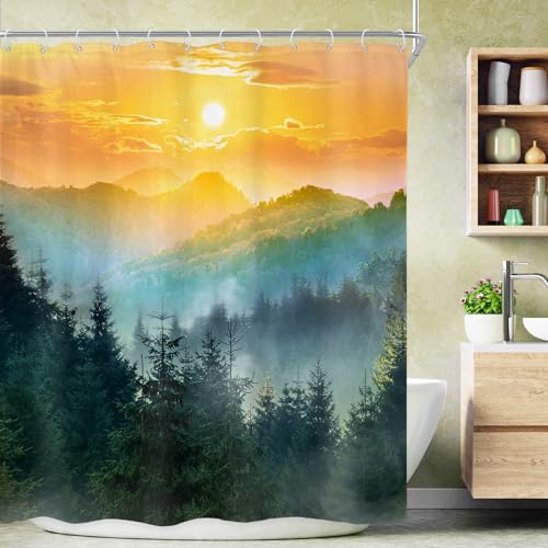 Riyidecor Mountain Shower Curtain 60Wx72H Inch Green Misty Woodland Pine Tree Sunrise Sunset Scenery Landscape Foogy Greenery Rustic Bathroom Decor Fabric Polyester Waterproof 12 Pack Hooks