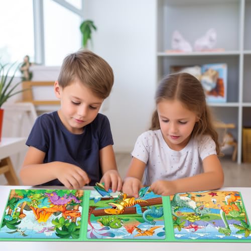 Image of Magnetic Puzzles for Toddlers 3-5 Dinosaur Puzzle Travel Toys for Kids | Jigsaw Puzzles for Kids 75-Pieces Travel Toys Dinosaur Puzzles Ages 4-6 Road Car Trip & Airplane