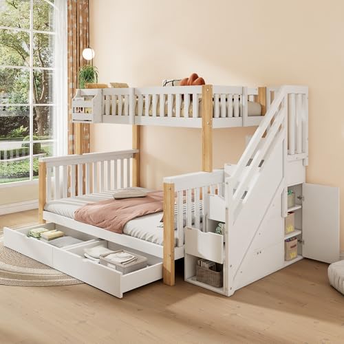 BXEYXE Litera para niños, cama doble, cama infantil multifuncional con cesta de almacenamiento, con cajón, con armario de escaleras, con armario de almacenamiento, sin colchón, color blanco + natural