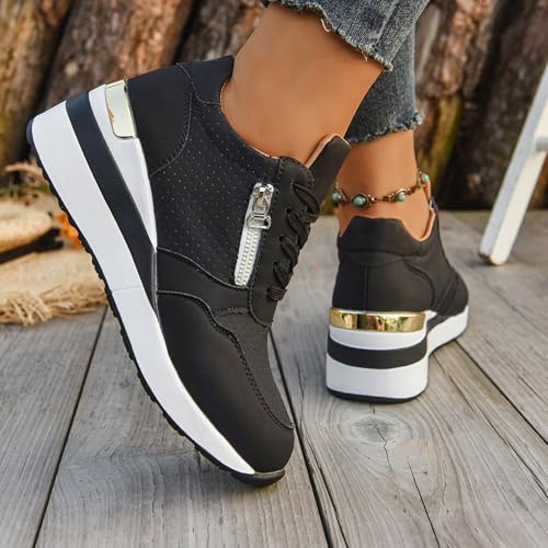 Platform Wedge Sneakers for Women Lace Up Walking Tennis Shoes Slip On Breathable Lightweight Chunky High Heels Fashion Sneakers Non-Slip Womens Comfortable Casual Shoes for Gym Travel Work4