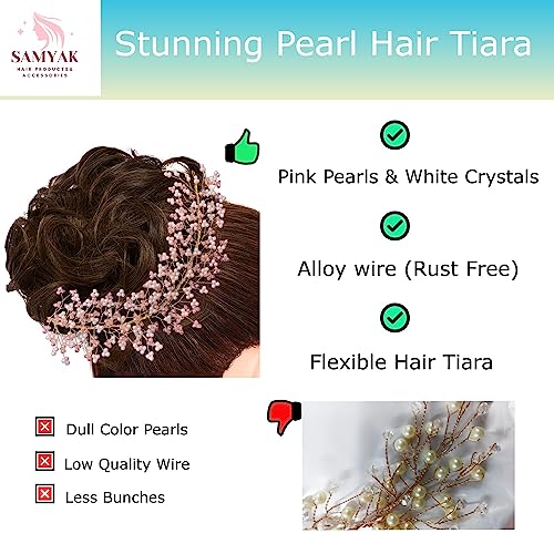 Image of Samyak Crystal Pearl Hair Vine Tiara Headband Headdress Hair Jewellery /Hair pin /Bun Clip For Bridal Wedding Functions Bridesmaid (Baby Pink)