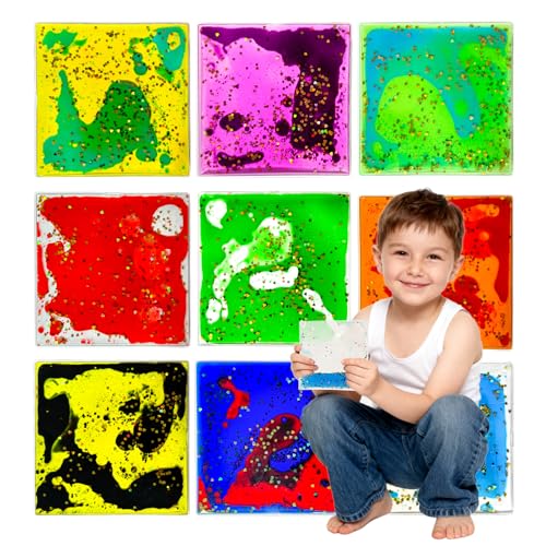 Qoytqoy Squishy Liquid Sensory Gel Tiles 9 Packs - Square Sensory Fidget Toys for Stress Relief Sensory Play & Portable Fun Washable Sensory Floor Tiles for Kids in Home Classroom Travel
