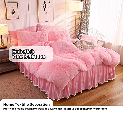 Liferevo Luxury Velvet Diamond Quilted Fitted Bed Sheet 3 Side Coverage 18 Inch Drop Dust Ruffle Bed Skirt With Pompoms Fringe (Queen Pink) #TOP6