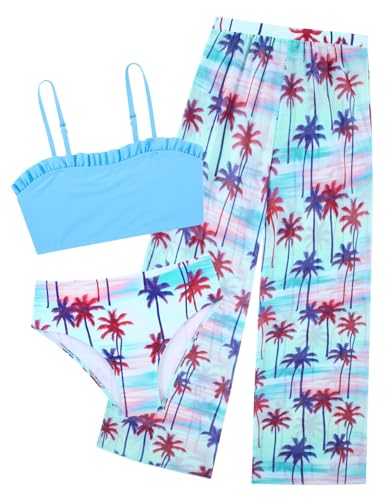 Image of Vogseek 6-16T Girls 3 Pieces Bikini Bathing Suit with Rash Guard Pants Quick Dry Swimwear Cover-Up Sets