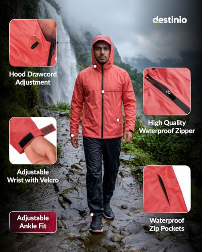 Image of Destinio Rain Coat for Men Waterproof with Hood, Thick Polyester, Leak Proof, Premium Zipper, Raincoat for Bike Riding, Double Layer Rain Suit for Riders, Rainwear Set