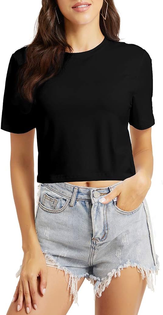 Women's Casual Loose Short Sleeve Crop Top Basic Solid Crop Crew Neck Tee Shirts - Image 3