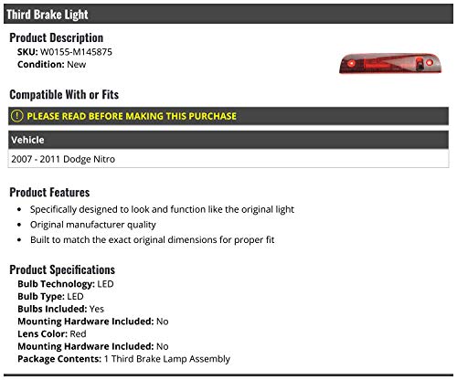 Marketplace Auto Parts 3rd Third Brake Light Stop Lamp Lens - Compatible with 2007-2011 Dodge Nitro