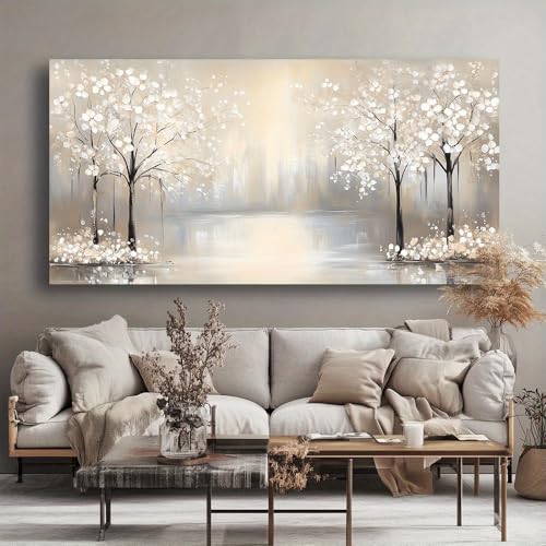 Toile beige et blanche forêt sereine pour décoration intérieure épurée