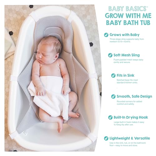 Image of Regalo Baby Basics 3-in-1 Grow with Me Baby Bathtub with Foam Padded Air Mesh Sling, Adjustable Infant Bath Tub for Newborn to Toddler, Baby Bath Seat Support, Easy Clean with Drying Hook