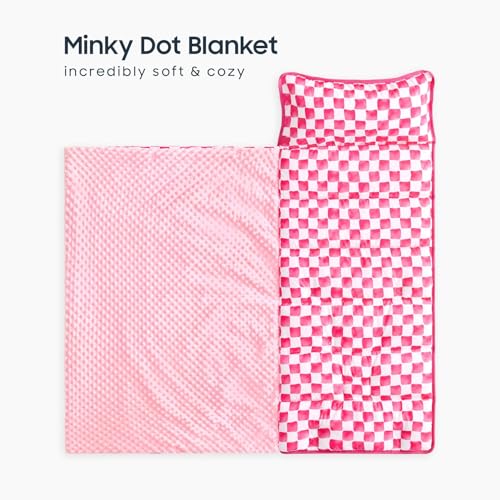 Image of Wake In Cloud - Toddler Nap Mat with Pillow and Minky Fleece Blanket, for Kids Boys Girls Ages 3 Plus in Daycare Preschool, Roll Up Sleeping Bag, Gingham Grid Checkered, Hot Pink White, Standard