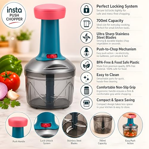 Image of iKAN Manual Hand Press Push Chopper with 3 Blades for Effortless Chopping Vegetables & Fruits (Assorted, 700 ml, Plastic)