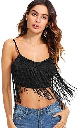 Romwe Women's Tassel Trim Spaghetti Strap V Neck Camis Crop Top Vest