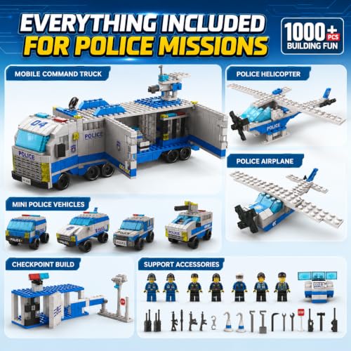Image of SKY LINE OCEAN City Police Mobile Command Truck Building Block Set, 1000+ PCS Police Vehicles, Helicopter & Airplane Construction Kit, STEM Toy for Kids, 5-Year Structural Warranty