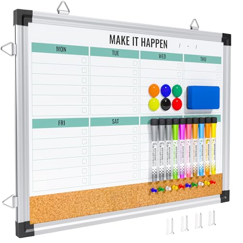 Marsrock Weekly Calendar Whiteboard and Cork Board Combo for Wall 17x13 Reversible Hanging Dry Erase Board Double Sided White Board with Aluminum Frame for Planning Office Kitchen School Home