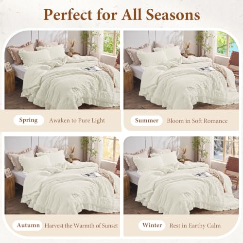 Image of JOLLYVOGUE Cream Queen Comforter Set,3pcs Seersucker Comforters Queen Size