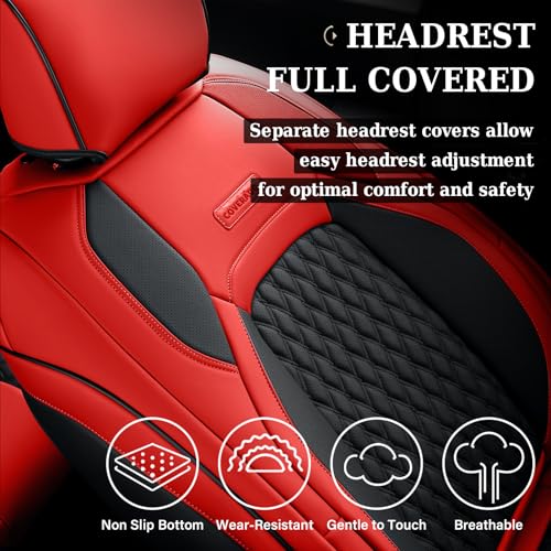 Image of Coverado Front Seat Covers for 2013-2017 Jeep Wrangler, Waterproof Red Leather Car Seat Covers Custom Fits Jeep Wrangler 2 /4 Door Unlimited Rubicon Sahara Sport High Altitude Pickup Truck