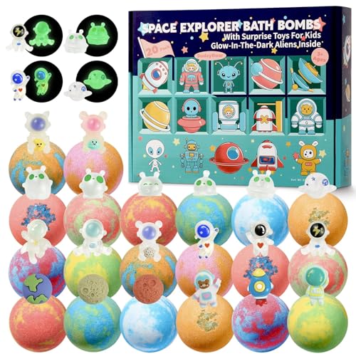20 Pack Galaxy Bath Bombs for Kids with Space Explorer Toys, Cosmic Adventure Kids Bath Bombs with Astronauts, Rockets, Planets & Glow-in-The-Dark Aliens Inside,End-of-School Year Gifts