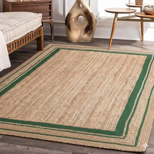 Alfombra de yute verde para decorar el salón comedor y la zona de la mesa de centro alargada 2