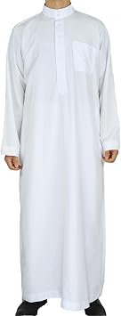Muslim Men Long Sleeve Tove Middle Eastern Saudi Arabian Kaftan Islamic Abaya Dress Dubai Robe Traditional Wear with Pockets Color White, Size 60