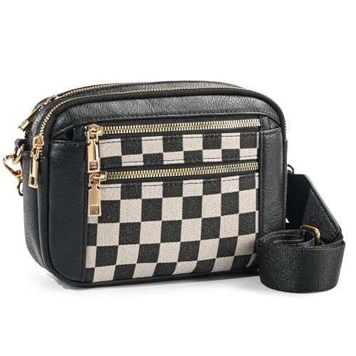 WJCD Bolsa tiracolo feminina - bolsa de ombro leve de couro vegano com alça ajustável, bolsas pequenas elegantes, Preta com grade, Estilo britânico clássico