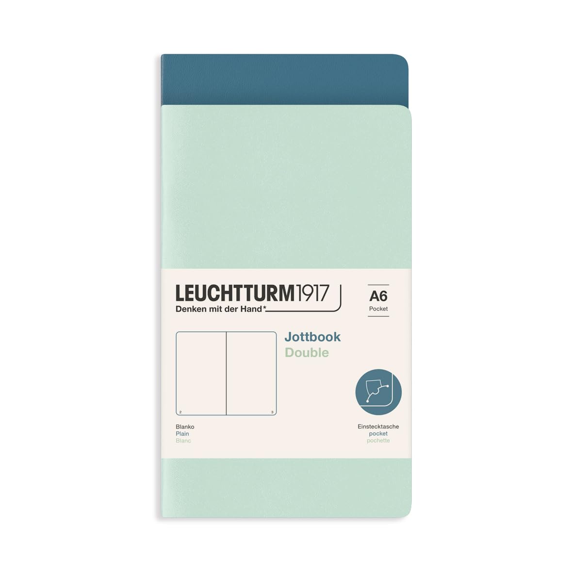 LEUCHTTURM1917 372399 Jottbook A6, 59 Numbered Pages, Pack of 2, Mint Green and Stone Blue, Plain