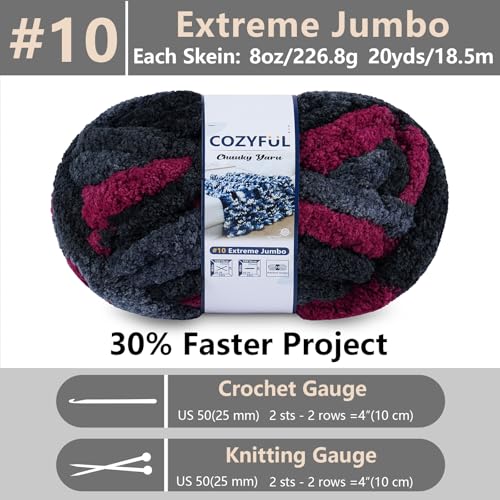 Image of Cozyful Chunky Yarn for Hand Knitting - #10 Chunky Chenille Blanket Yarn, Jumbo Big Thick Chunky Yarns for Crocheting, Tie Dye Bulky Knit Yarns, 8 Skein (20 yds 8 oz Each Skein), Grey & Black & Red