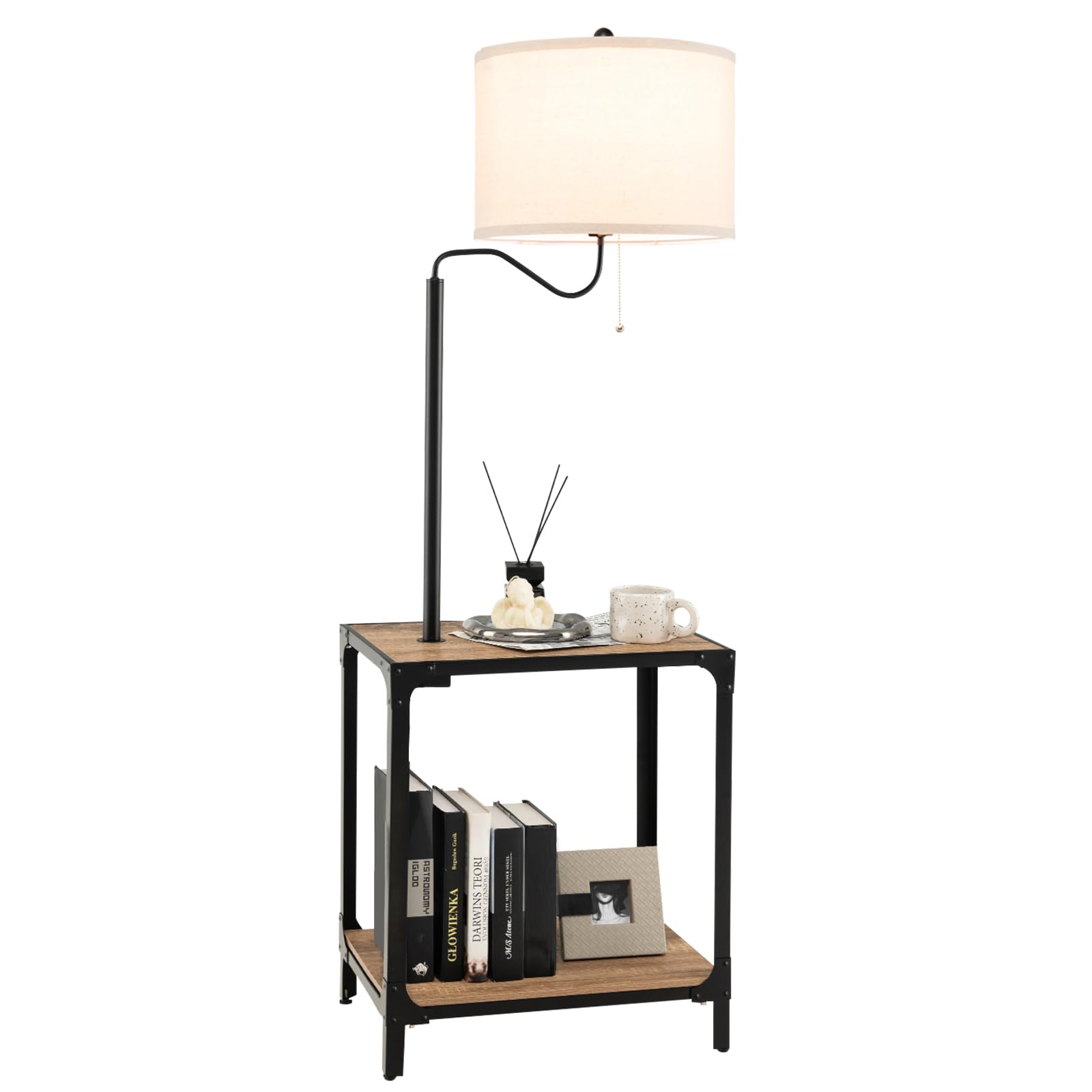 HOMASIS Lámpara de Pie con Mesa Auxiliar y Puertos de Carga USB, Lámpara de Mesilla de Noche Giratoria 360°, con Lámpara E27 (No Incluida) para Salón, Dormitorio, Natural
