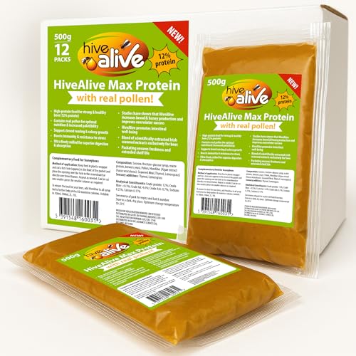 HiveAlive Max Protein Pollen Patty für Bienen 12er-Pack (je 500g) Eiweißreiches Bienenfutter mit echtem Pollen Unterstützt Darmgesundheit & Brut Frühlingsfutter Saubere einfache Anwendung