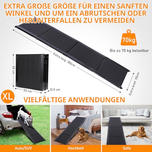 FASNATI 180×50cm Hunderampe Auto Klappbar, Anti-Rutsch Hunderampe für große Hunde, Leicht Aluminium Haustierrampe für Autos und SUV