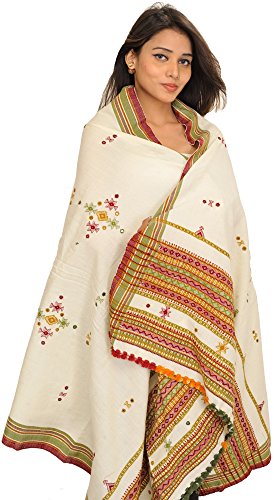 Image of Exotic India Women's Kutch Wool Shawl (SHV95--beige)