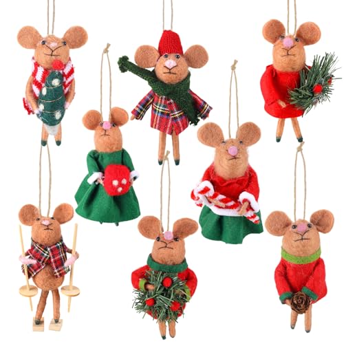 Mumufy 8 Pcs Christmas Felt Mice Ornaments Xmas Vintage Wool
