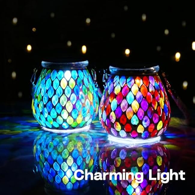 Mosaic Blue Solar Lanterns, Outdoor Glass Hanging Lights, Waterproof, Solar Table Lamps, Christmas Gifts for Women Mom Grandma, Night Lights, Decoration for Garden, Patio, Yard, Party, Outdoor Decor