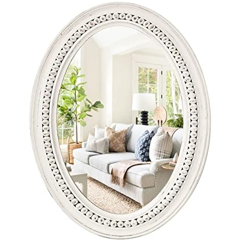 H HOMEWINS Oval Wood Rustic Mirror,20x30 Wooden Oval Decorative Mirrors,Farmhouse Wall-Mounted White Beads Decor Mirror for Bedroom, Bathroom, Living Room,Vanity Cover