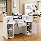 PAKASEPT Modern Reception Desk with LED Lights, 63 Inches Front Counter Table with Lockable Drawer & Shelves, Checkout Counter for Reception Room, Lobby, Beauty Salon, Retail,Office