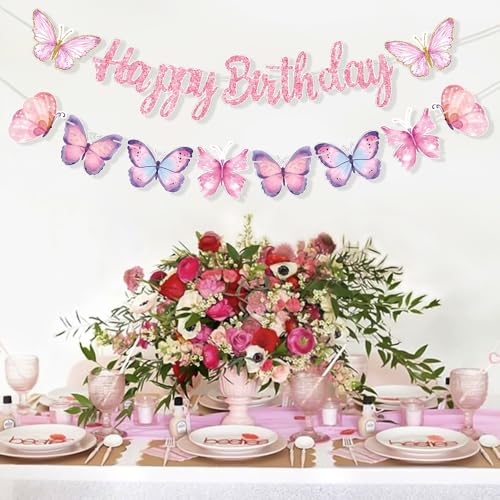 Image of Yajuo Pink Butterfly Birthday Banner, 63 inch x 23.6 inch, Fade Resistant, Lightweight, Women /Girls /Teen Girls